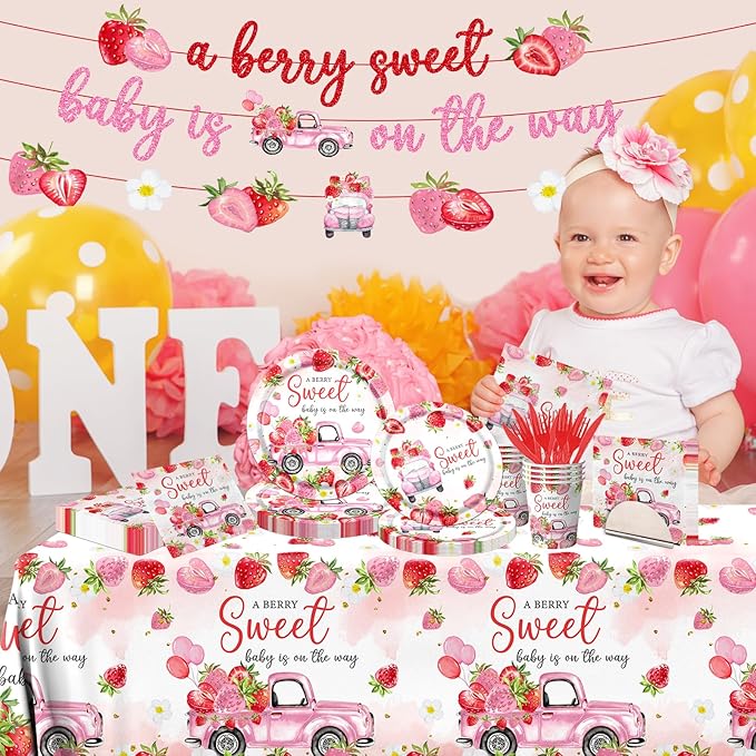 Strawberry Baby Shower Decorations,A Berry Sweet Baby Is On The Way Plates and Napkins Tablecloth Supplies Watercolor Strawberry Birthday Tableware Set for Girl Baby Shower Party