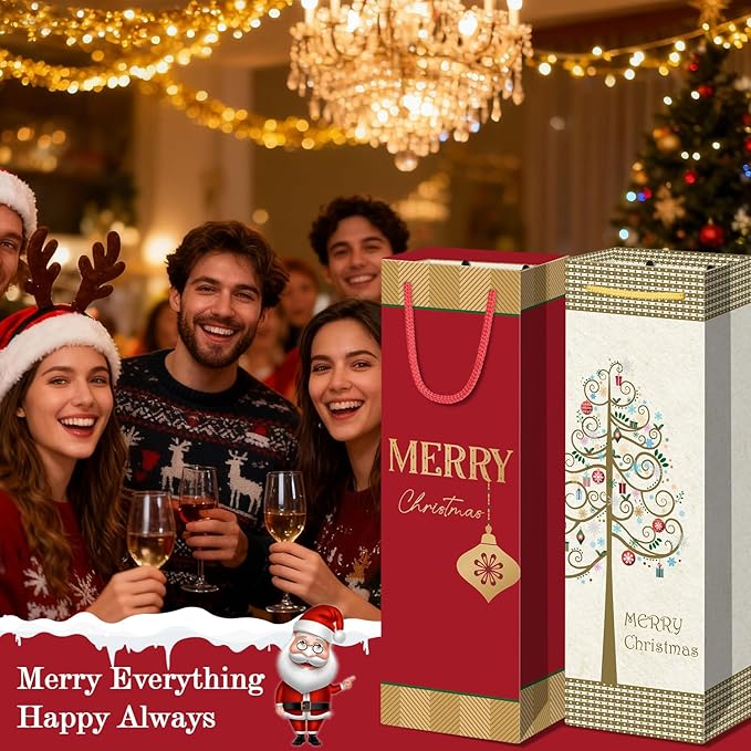 Xylitic 12 Pack Christmas Wine Bags with Handles, Holiday Wine Gift Bags for Bottles, Winter Wedding Birthday Xmas Party Supplies (4.7” x 3.5” x 14”)