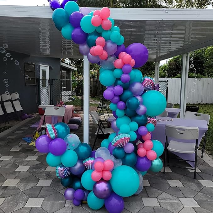 Mermaid Balloons, 60pcs 12 Inch Purple Teal and White Balloon Set with Metallic Purple Green Teal Purple Confetti Balloon, Pearl White Balloons for Birthday Wedding Mermaid Party