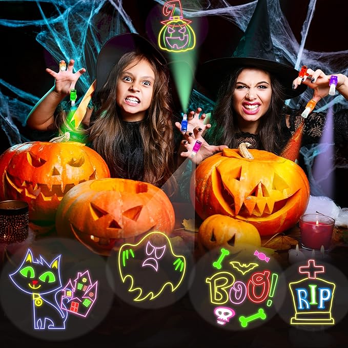 24PCS Halloween Neon theme Party Favors-LED Finger Lights：Glow-in-the-Dark Light-Up Toys Bulk for Kids Boys Girls,Trick or Treat Non Candy Gifts, Halloween Goodie Bag Stuffers, Classroom Prizes Gifts