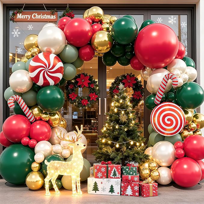 Christmas Balloon Arch Kit, Double Stuffed Red Green White Pearl Balloons with Candy Cane Foil Balloons, Holiday Balloon Garland for Christmas Party Decorations, Xmas Birthday & New Year Decor