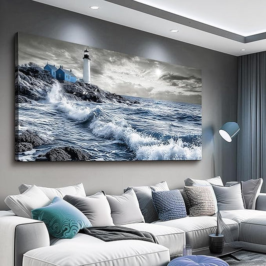 ZUITINGHUA Large Wall Decor For Living Room Canvas Wall Art For Office Modern Wall Decorations For Bedroom Wave Landscape Painting Watch Tower Pictures Artwork Room Home Decor 24x48 In