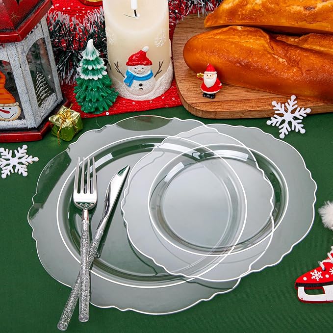 Liacere 150PCS Clear Silver Plastic Plates & Disposable Silver Plastic Silverware with Glitter Bamboo Handle Cutlery-Baroque Clear Disposable Plates for Wedding & Easter day & Mother's Day