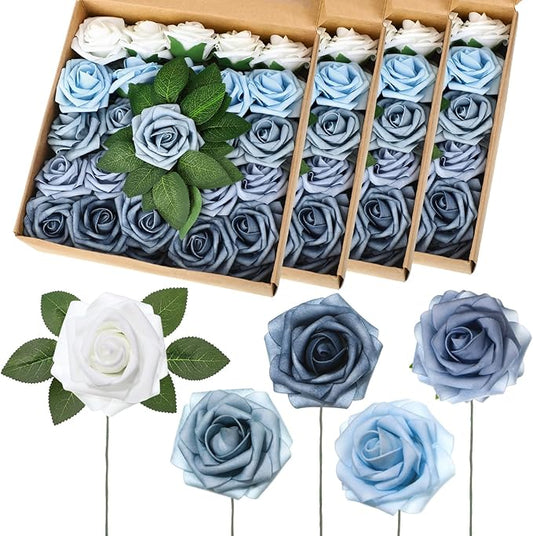 100 Pcs Artificial Foam Rose Faux Bouquet with Leaves and Stems for DIY Wedding Bouquets Centerpieces Bridal Shower Party Valentine Home Decorations (Blue and White Gradient)