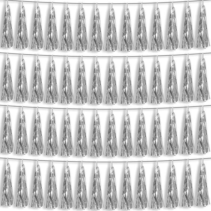 4P Silver Foil Fringe Metallic Tassel Streamers Banner Tassel Garland for Parade Floats, Bachelorette, Wedding, Birthday, Halloween, Christmas, Bridal/Baby Shower Party Decorations