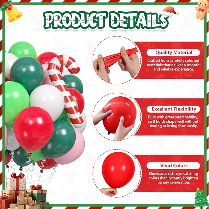 Christmas Balloons, 60pcs Pink Red Green Balloons with Candy Cane Foil Balloon, Retro Green and Pink White Xmas Party Balloon for Christmas Decorations Birthday New Year Carnival Party Supplies