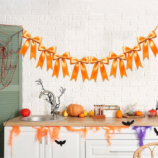 1 String of 8PCS Golden Yellow Bow Garland Banner Decoration,Pre-Strung Satin Ribbon Ornaments for Birthday,Christmas,The Fall Festival,Thanksgiving,Halloween,Anniversary,Wedding,Baby Shower