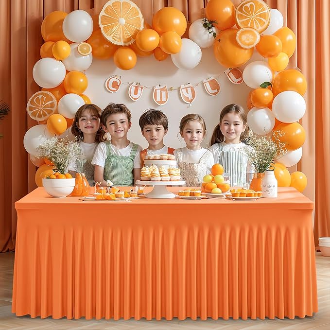 1 Pack Orange Table Clothes for 6 Foot Rectangle Tables, One-Piece Wrinkle Resistant Stretch Spandex Table Covers with Skirt for Event Banquet Wedding Birthday Party