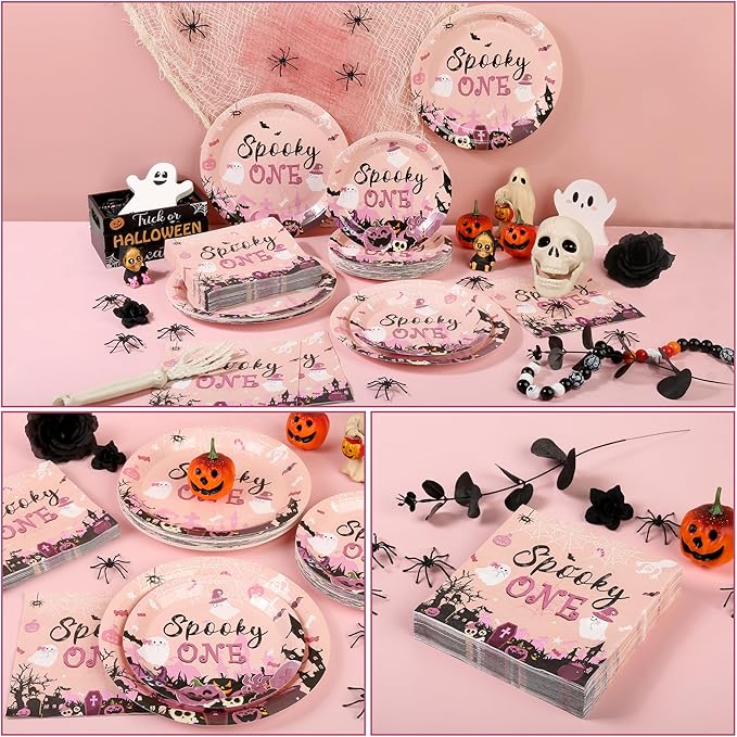 150Pcs Halloween Spooky One Birthday Decorations Pink Cute Halloween Plates and Napkins Pink Ghost Baby Shower Plates Disposable for Hallowen Girl 1st Birthday Party Supplies,Serves 50