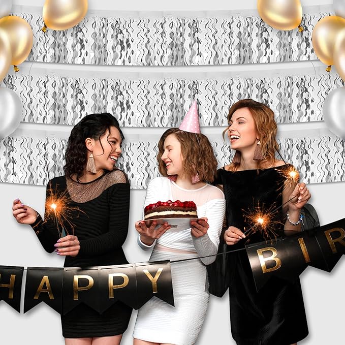 6 Pack 10 Feet Silver Wave Foil Fringe Garland Metallic Tinsel Streamers Banner Wall Hanging Curtain Backdrop for Parade Floats, Mother's Day, Easter, Wedding, Birthday Party Decoration