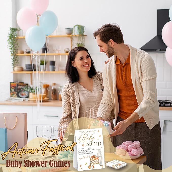 Baby Crib Measure The Baby Bump - Thanksgiving Baby Shower Card Set (1 Sign With 50 Guess Cards), Fall Pumpkin Gender Reveal Party Favor Supplies -A27