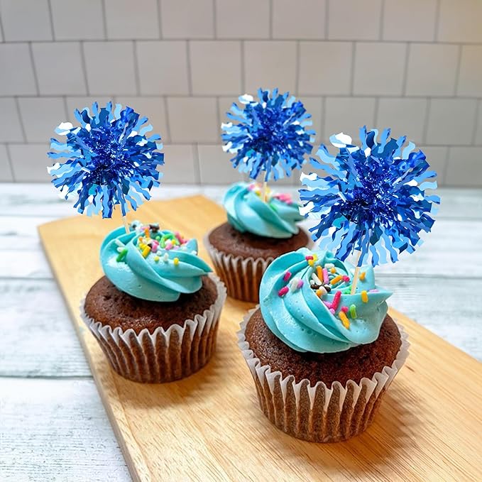 Ephlyn 30Pcs Foil Firework Cupcake Toppers Blue Tinsel Flower Drink Stirrers Cocktail Food Fruit Cake Toppers for Valentine's Day Party Decorations Blue
