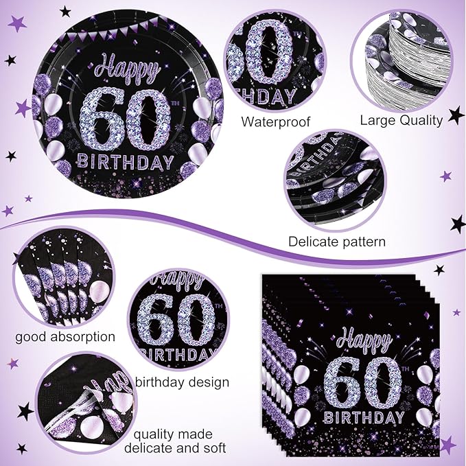 Pickmesh 400 Pcs 60th Birthday Party Supplies Purple Black Happy Birthday Decorations Include Disposable Paper Plates Napkins Cups Cutlery for Men Women Party Decorations Serve 50