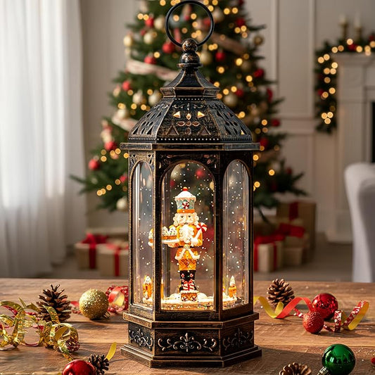 12.8'' Christmas Gingerbread Nutcracker Snow Globe Lantern, Lighted Animated Rotating Train with Musics Swirling Glitter Water Lantern Decoration for Home