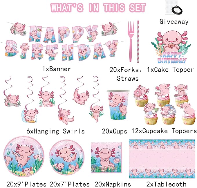 164PCS Pink Cartoon Axolotl Birthday Party Decorations, Tableware Axolotl Party Supplies Plates and Napkins Set, Banner, Hanging Swirls, Tablecloth, Cake Cupcake Topper, Reptile Animals Baby Shower