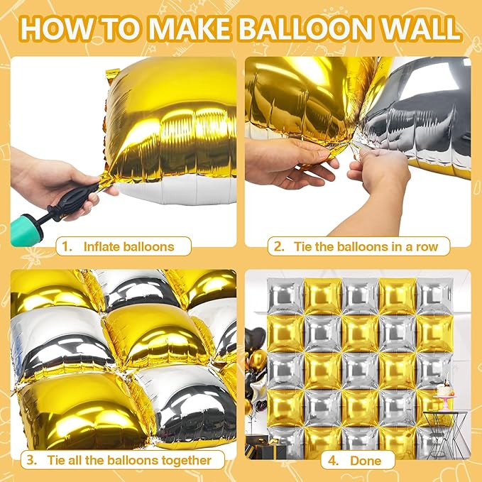 NISOCY 25PCS Metallic Silver Gold Square Foil Balloons Wall Backdrop Double Sided Chrome Gold Silver Balloons Arch Kit for New Year Anniversary Graduation Birthday Engagement Bridal Party Decorations