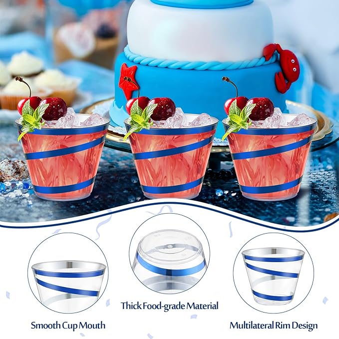 Gejoy 9 oz Rimmed Swirl Plastic Cups Disposable Wine Drinking Cups Clear Elegant Halloween Tumblers for Christmas Party Supplies(Blue,200)