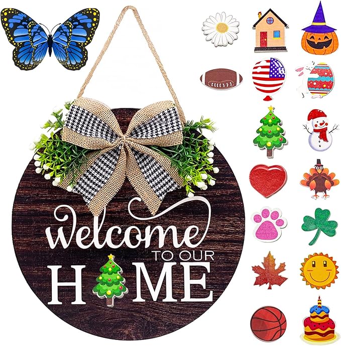 Interchangeable Seasonal Welcome Sign Front Door Decorations, Round Wood Wreath for Outdoor, Farmhouse, Porch Perfect for New Home Housewarming Gift, Valentine's, Easter, Christmas Home Decor