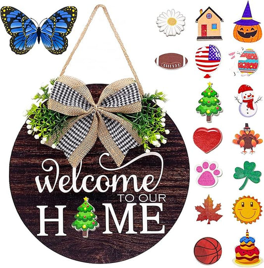 Interchangeable Seasonal Welcome Sign Front Door Decorations, Round Wood Wreath for Outdoor, Farmhouse, Porch Perfect for New Home Housewarming Gift, Valentine's, Easter, Christmas Home Decor