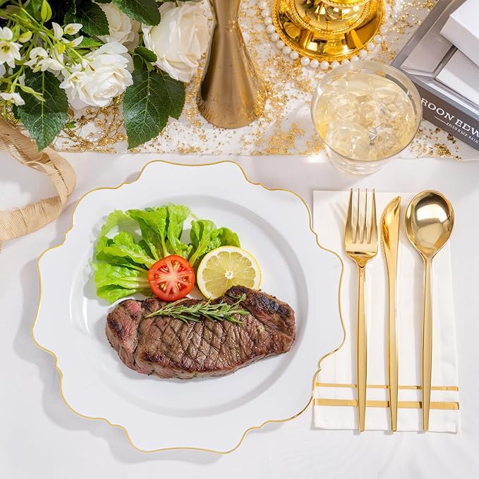 WDF 175Pcs Gold Plates Disposable - White and Gold Plastic Plates 25guest Plastic Dinnerware Ideal for Party/Wedding/Banquets/Thanksgiving/Christmas
