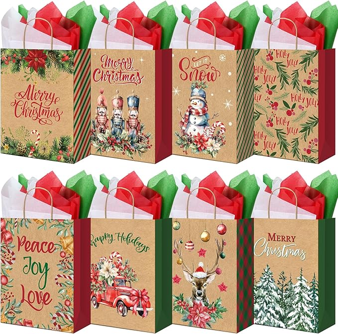 48 Large Christmas Gift Bags with 24 Tissue Paper, 5.1x10x12.6 Inch Bulk Holiday Kraft Paper Bags for Gifts with Handles, 8 Styles Xmas Gift Bags for Wrapping Christmas Holiday Presents Party Favors
