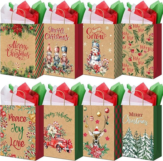 48 Large Christmas Gift Bags with 24 Tissue Paper, 5.1x10x12.6 Inch Bulk Holiday Kraft Paper Bags for Gifts with Handles, 8 Styles Xmas Gift Bags for Wrapping Christmas Holiday Presents Party Favors