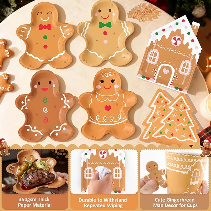 OuMuaMua 177Pcs Gingerbread Christmas Disposable Tableware Set,Gingerbread Man Paper Plates Christmas Tree Napkins Cups Banner Cutlery Dinnerware Set for Xmas Holiday Party Supplies Decor, Serves 25