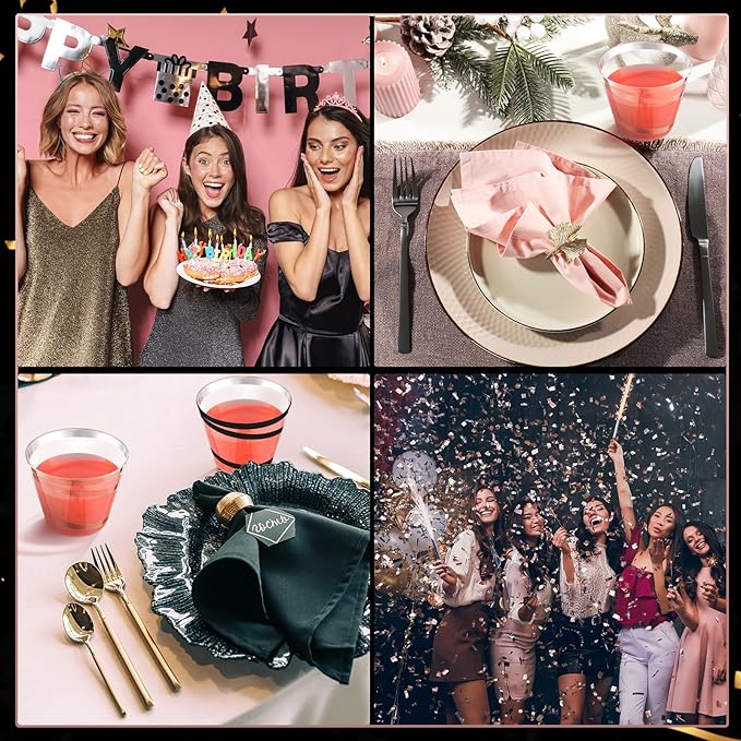 Gejoy 9 oz Rimmed Swirl Plastic Cups Disposable Wine Drinking Cups Clear Elegant Halloween Tumblers for Christmas Party Supplies(Rose Gold, Black,100 Pcs)