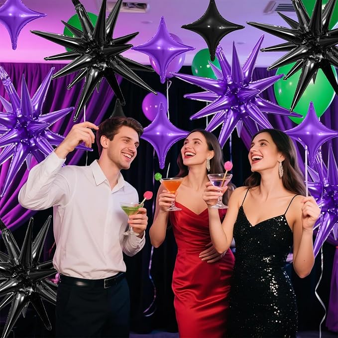 Black Purple Star Balloon,6Pcs 22Inch Explosion Star Balloons and 10Pcs 10Inch Four Angle Balloons Kit for Halloween Birthday Anniversary Graduation Baby Shower Wedding Party Decorations