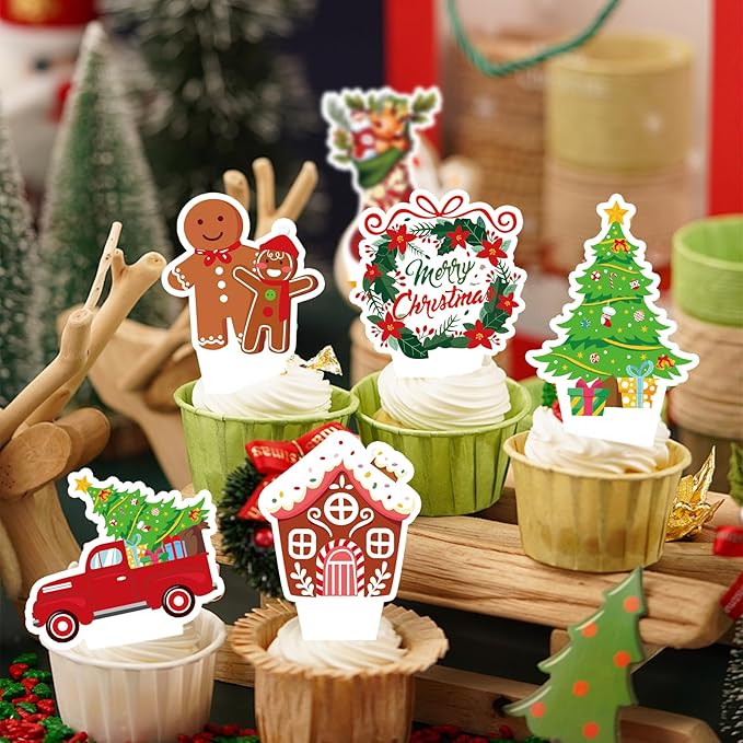 36 PCS Christmas Party Happy Birthday Cupcake Toppers Merry Christmas Theme Party Decorations Cake Decor Cupcake Decorations Cake Decorating Party Supplies Decor for Baby Shower Boys Girls