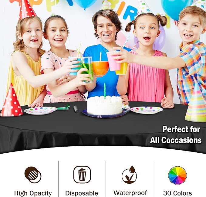 Party Solids 6-Pack Premium Plastic Tablecloth 84in. Round Plastic Table Cover - Black