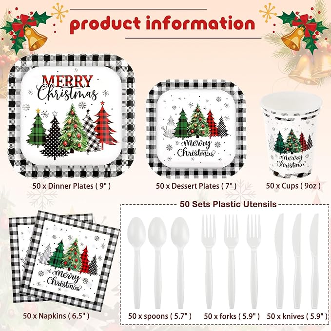 350 Pcs Christmas Party Supplies Christmas Tree Hanging Ball Party Tableware Set Square Paper Plates Disposable Napkins Cups Plastic Cutlery for Xmas Holiday Serves 50 Guests (Xmas Plaid Tree)