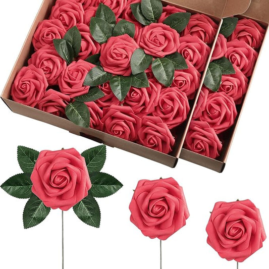100 Pieces Artificial Foam Rose Flowers Faux Bouquet with Leaves and Stems for DIY Wedding Bouquets Centerpieces Bridal Shower Party Valentine Home Decorations(Red)