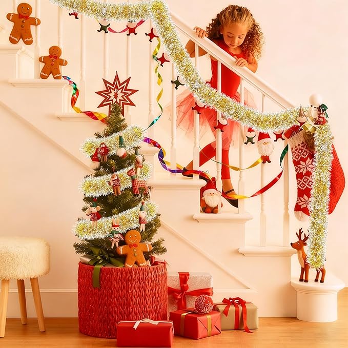 50Ft Christmas Tinsel Garland, Gold Snowflake Metallic Twist Garland for Xmas Tree Decorations, Tinsel for New Year Party Ceiling Hanging Decorations Indoor and Outdoor Decor