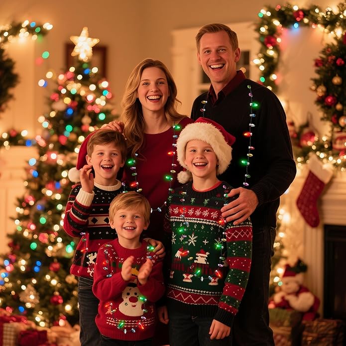 JOYIN Christmas LED Mini Bulb Necklaces, Xmas Necklace with 3 Lighting Modes, Xmas Bulb Necklaces for Xmas Party Supplies