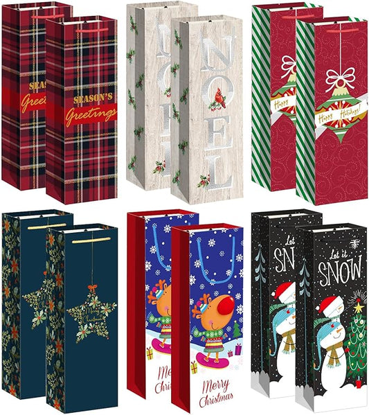 Xylitic 12 Pack Christmas Wine Bags Bulk with Handles, Holiday Wine Gift Bags for Bottles, Birthday Xmas Party Supplies, Drinkers Present (4.7” x 3.5” x 14”)