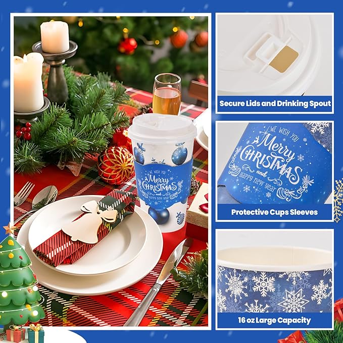 72 Set Christmas Disposable Coffee Cups with Lids and Sleeves Snowflake Reindeer Paper Drinking To Go Cups for Winter Holiday Christmas Party Coffee Bar Decor Business Supplies (Blue)