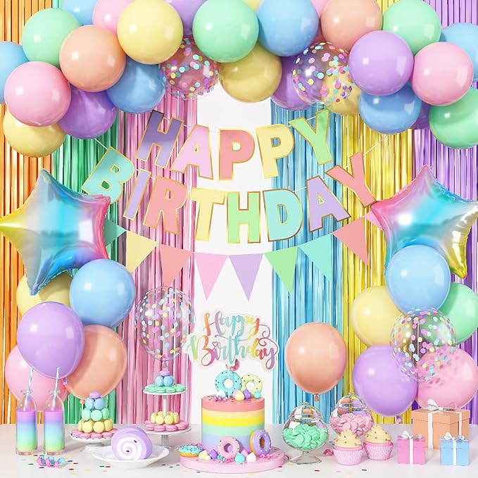 Pastel Birthday Decorations for Girls, Macaron Rainbow Pastel Color Balloons Reusable Happy Birthday Banner Sign Fringe Curtain Backdrop Cake Toppers for Kid Spring Baby Shower Party Decoration