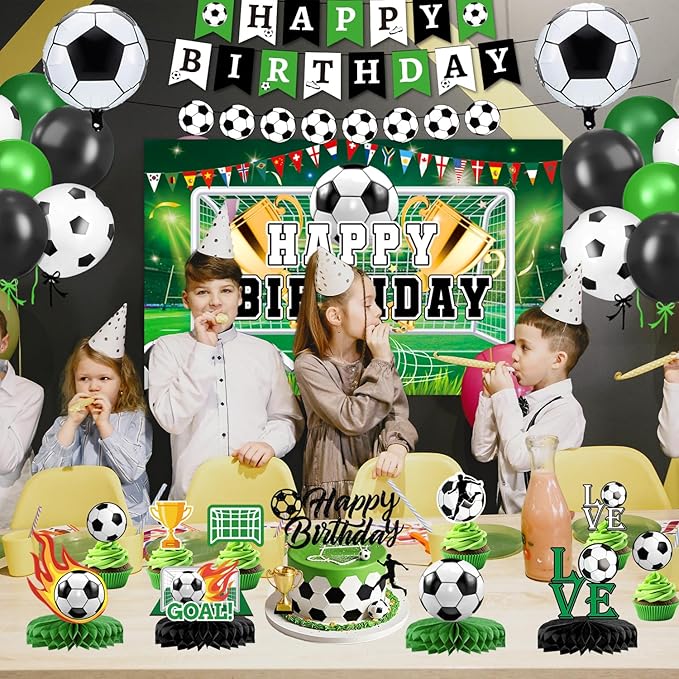 Soccer Birthday Party Decorations Includes Banner, Backdrop, Foil & Latex Balloons, Cake & Cupcake Toppers, Honeycomb Centerpieces for Boy Soccer Themed Party Decorations