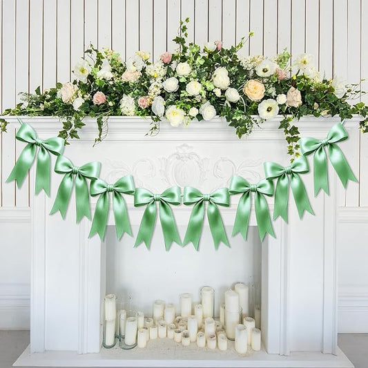 1 String of 8PCS Sage Green Bow Garland Banner Decoration,Pre-Strung Satin Ribbon Ornaments for Birthday,Bachelorette Party,Bridal Shower,Wedding,Engagement,Baby Shower,Graduation Decor,Anniversary