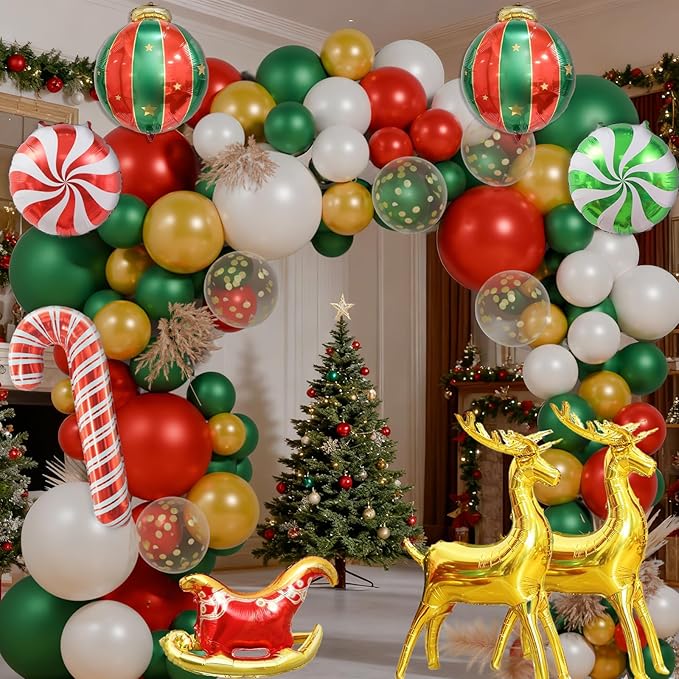 130Pcs Christmas Balloon Garland Arch Kit, With Gold Red Green White Candy Sequin Moose Sleigh Balloon for Christmas Party Decorations Supplies (23"Set)