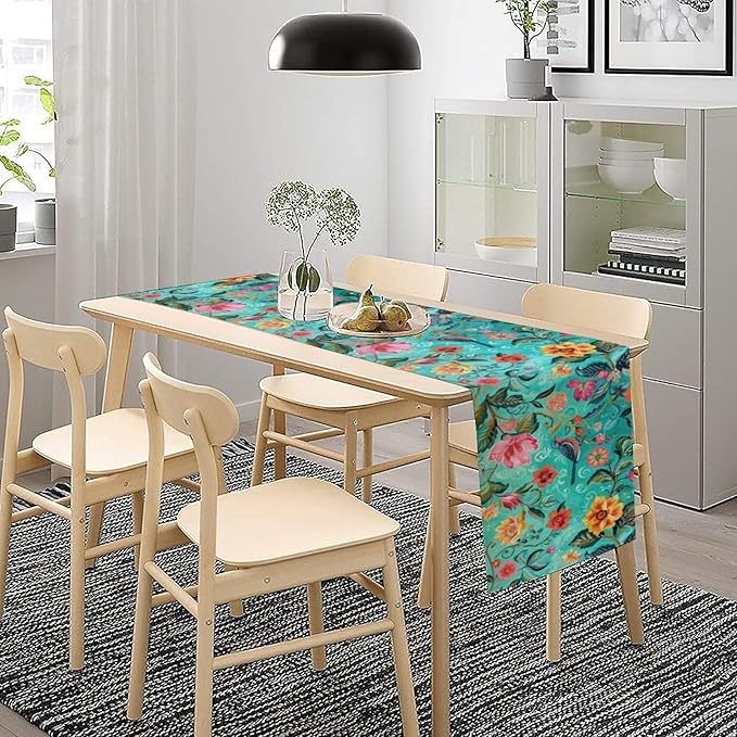 Flowers Birds Spring Table Runner, Colorful Birds Branches Blue Floral Seasonal Kitchen Dining Table Decoration for Home Party Decor 13x108 Inch