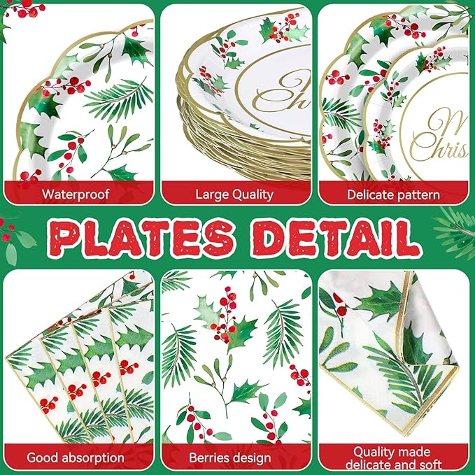 Pickmesh 400 Pcs Christmas Party Supplies Include Seasonal Holly Leaf Disposable Paper Plates Napkins Cups Cutlery Xmas Tableware for Merry Christmas Holiday Party Decorations Serve 50