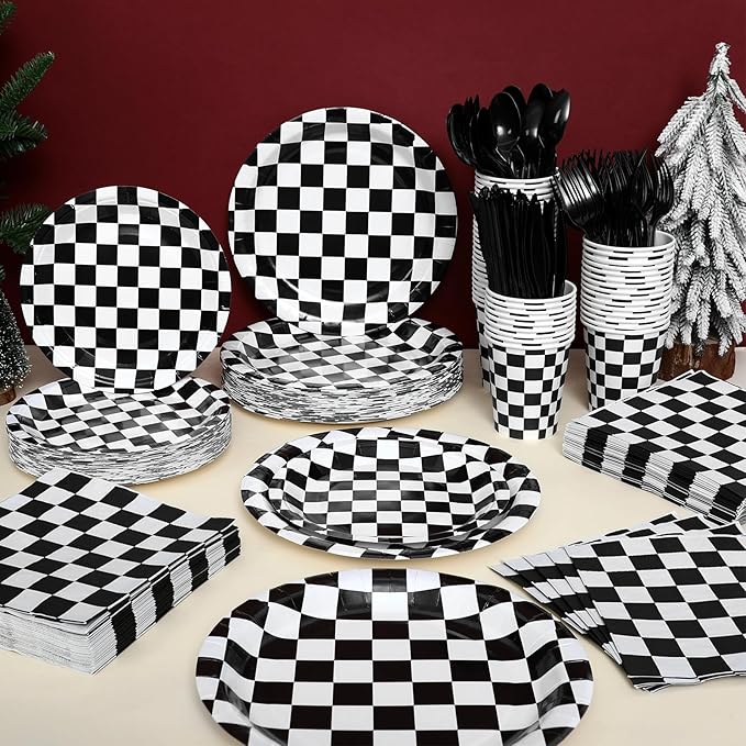 Pickmesh 400 Pcs Race Car Birthday Party Supplies Include Black White Checkered Disposable Paper Plates Napkins Cups Cutlery for Sport Race Car Birthday Party Decorations Serve 50