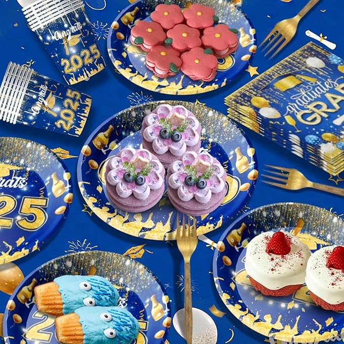128 Pcs Blue And Gold Graduation Decorations 2025,Graduation Decorations 2025 Deals Set Include Tablecloth , Paper Plates, Cups,Forks, Napkins, Grad Banner Is Suit For Any Grad Party.