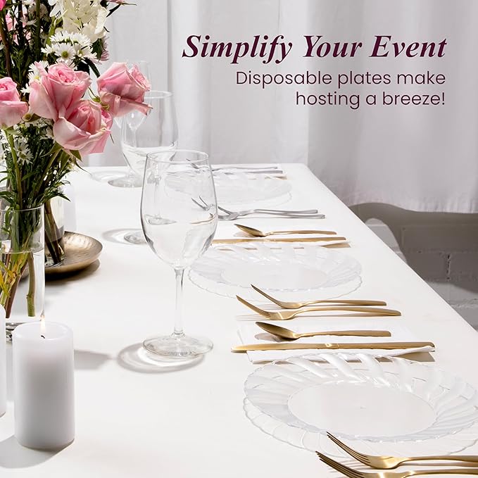 Aya's Cutlery Kingdom 50 Pack Clear Plastic Plates 9 Inch - Heavy Duty, Round, Disposable Plates for Parties, Weddings, and Events - Elegant Party Plate for Serving Appetizers, Salads, and Desserts