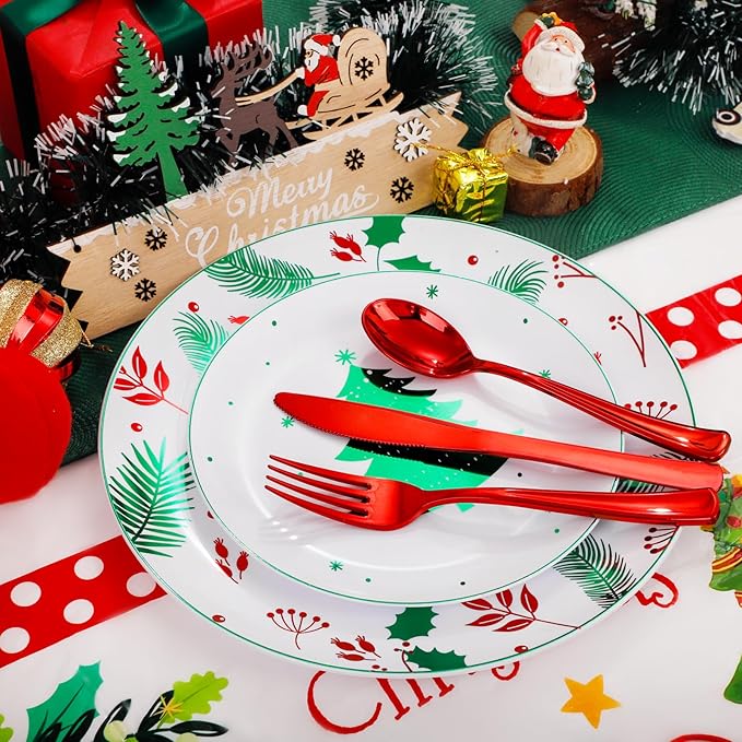 Festiva 176Pcs Christmas Plastic Plates Heavy Duty- Christmas disposable Dinnerware Set-include 50Plates 25Plastic Silverware 25Cups 25Holly Berry Napkins