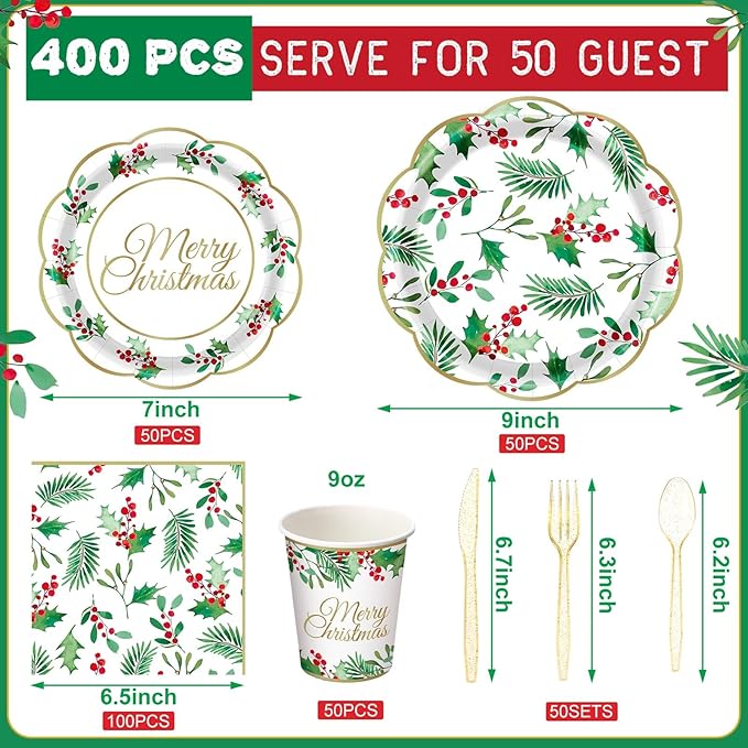 Pickmesh 400 Pcs Christmas Party Supplies Include Seasonal Holly Leaf Disposable Paper Plates Napkins Cups Cutlery Xmas Tableware for Merry Christmas Holiday Party Decorations Serve 50