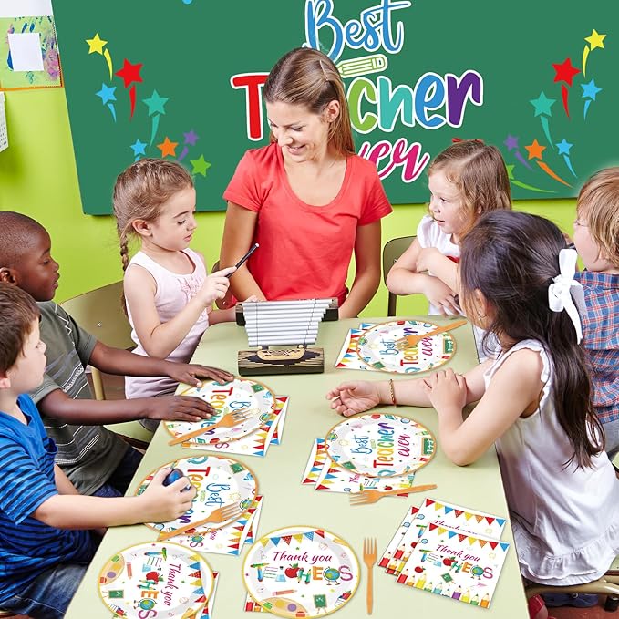 96 Pieces Teacher Appreciation Party Plates Thank You Theme Party Decorations Best Teacher Day Paper Plates and Napkins Thank You Disposable Dessert Tableware Set Graduation Supplies 24 Guests