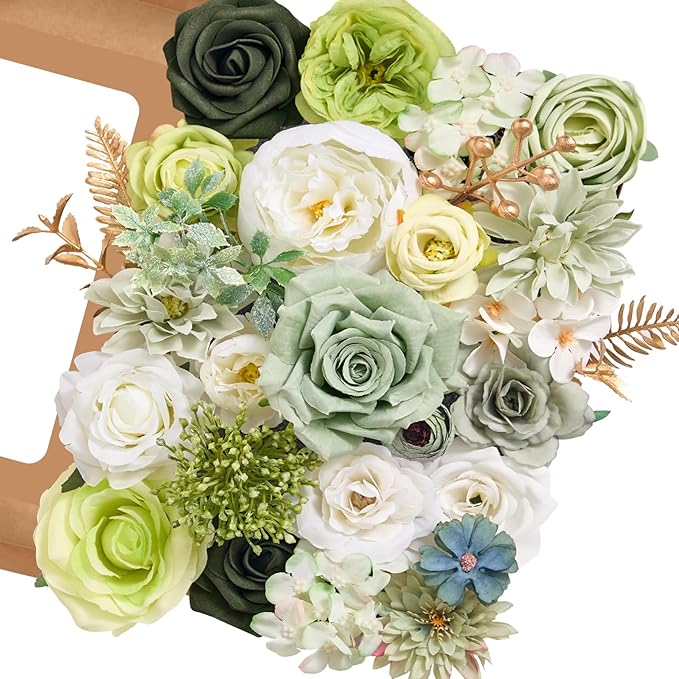 Serwalin Artificial Silk Flowers Green, Fake Flowers Stems for DIY Wedding Bouquets, Baby Shower Centerpieces, Cake Decor, Birthday Party & Home Decor